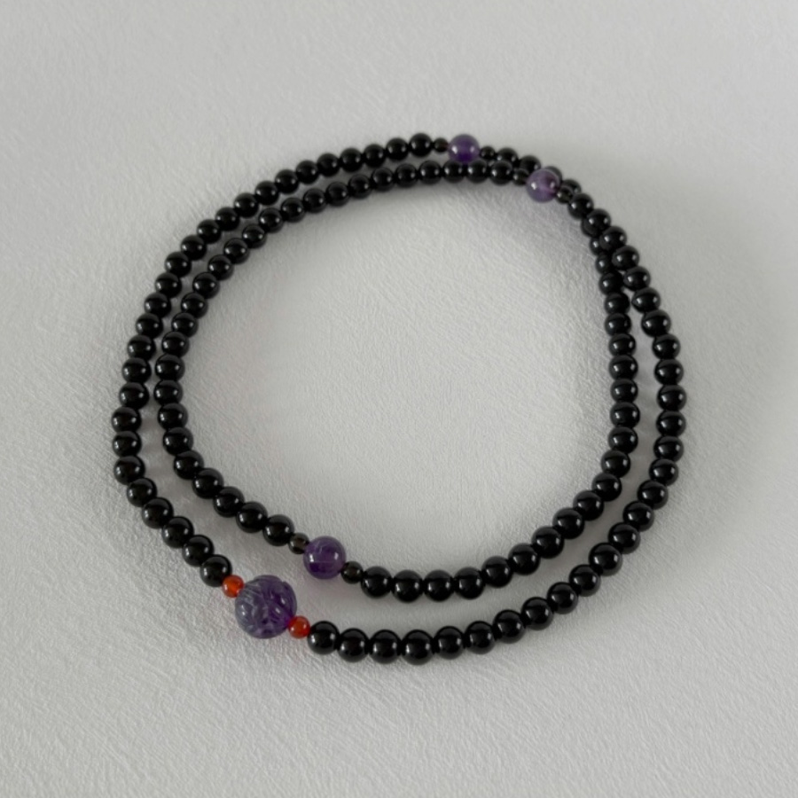 蓮花「黑曜石+紫水晶」念珠（6mm／108顆） - 法鼓文化心靈網路書店