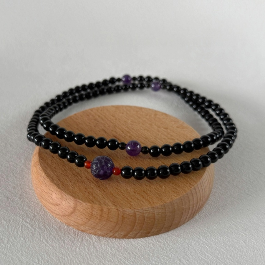 蓮花「黑曜石+紫水晶」念珠（6mm／108顆） - 法鼓文化心靈網路書店